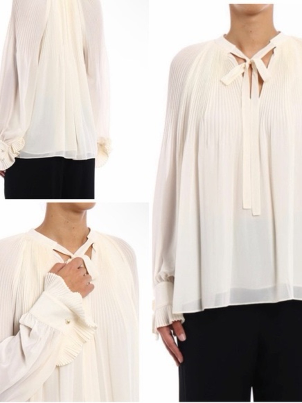 Tory Burch Meryl Cream Pleated Tie-Neck Blouse size 12